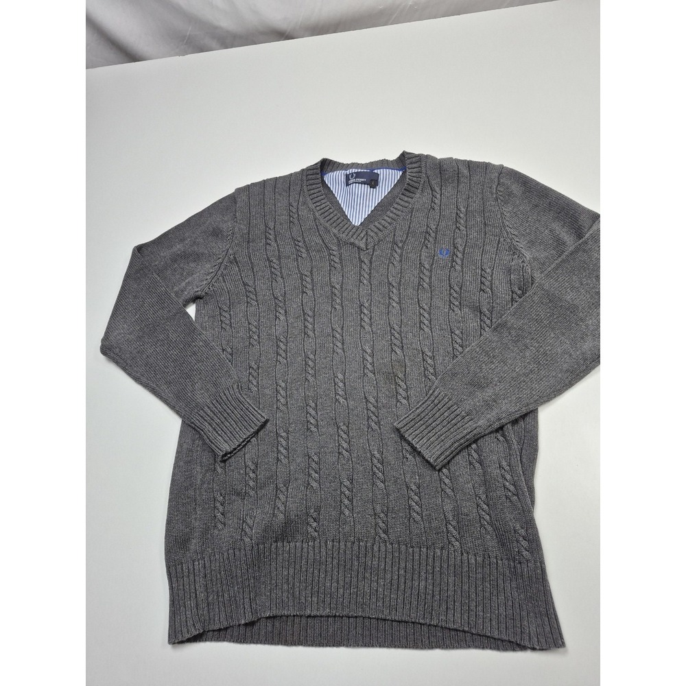 Fred Perry Sweater Mens Large Gray 100% Cotton V Neck Cable Knit Logo Pullover